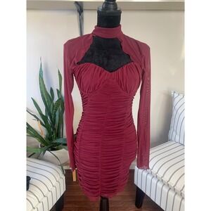 LOVERS AND FRIENDS Nouvelle Mini Dress in Merlot Size S Mock Neck Sheer Sleeve